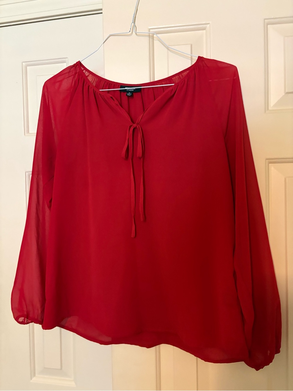 Premise Red Tie-Neck Sheer Long-Sleeve Blouse